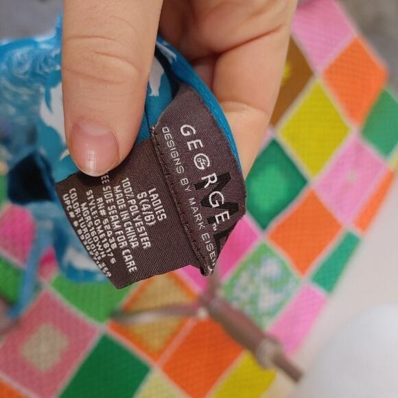 George Floral Flowers Size Small S Blue White Coastal Greece V Neck Blouse - Picture 10 of 11